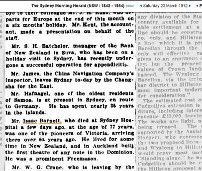 Isaac Barnet Obituary in SMH 1912